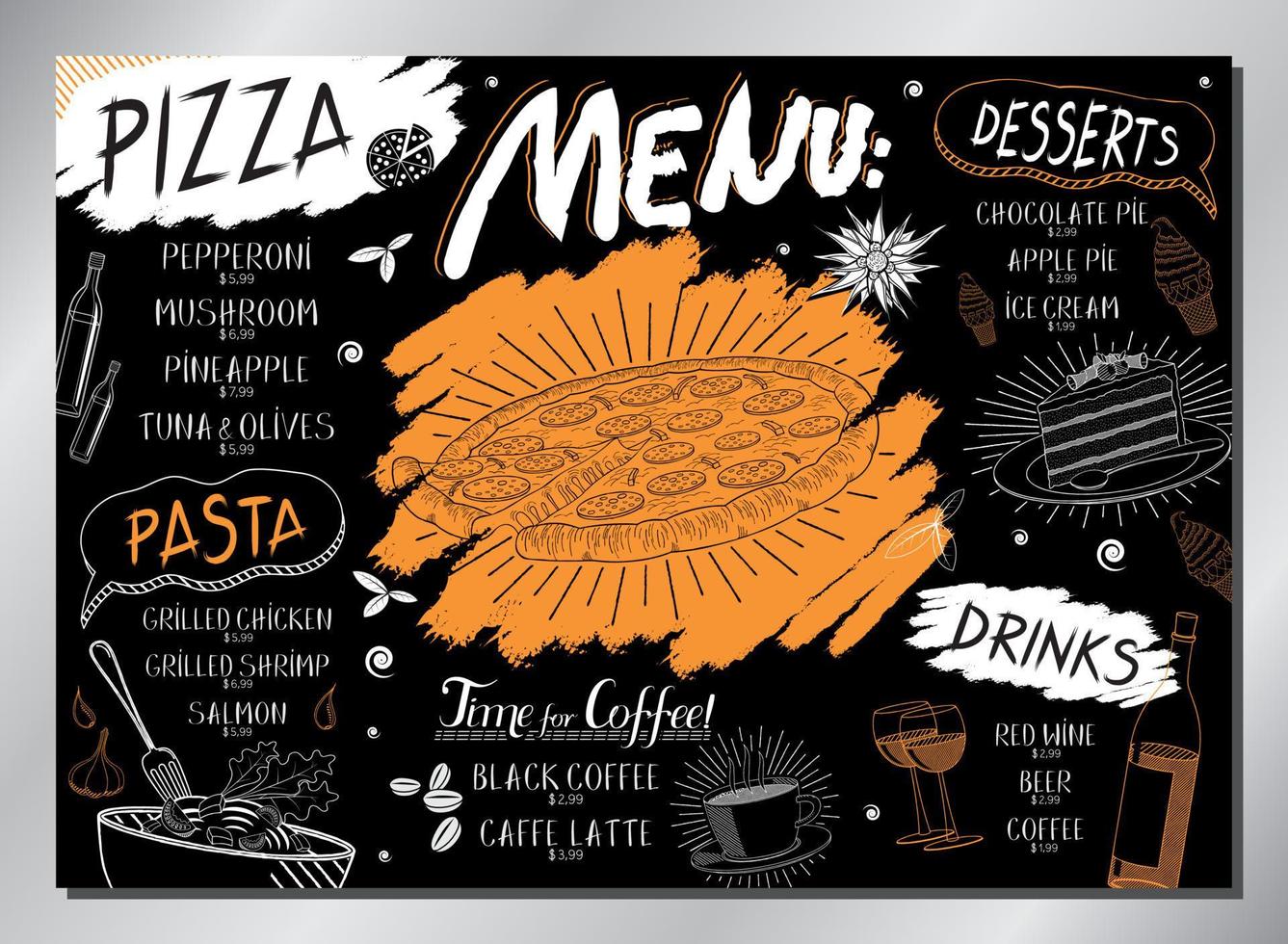 plantilla de menú de mesa de pizza vintage vector