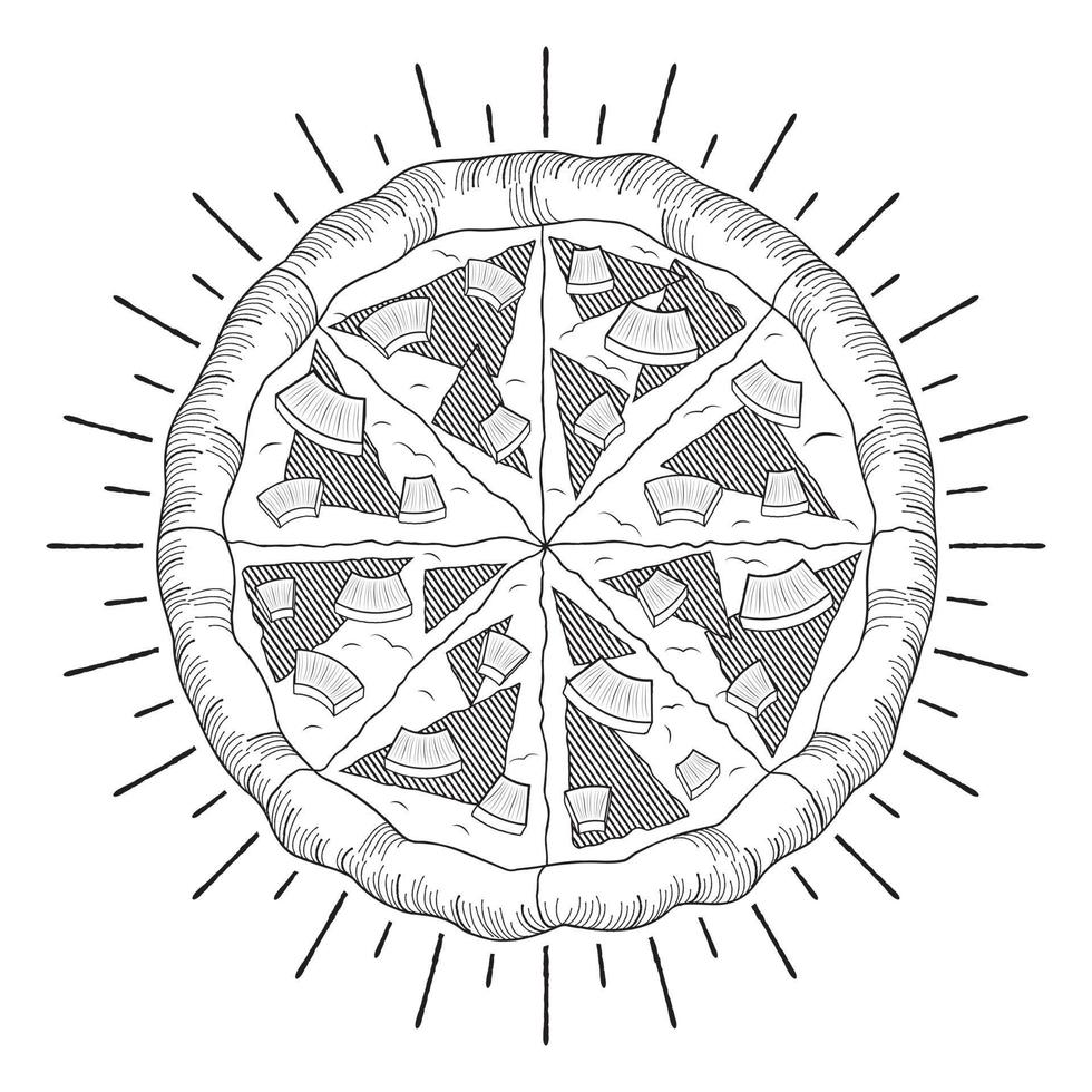 pizza con piña y jamón - ilustración de esquema vector
