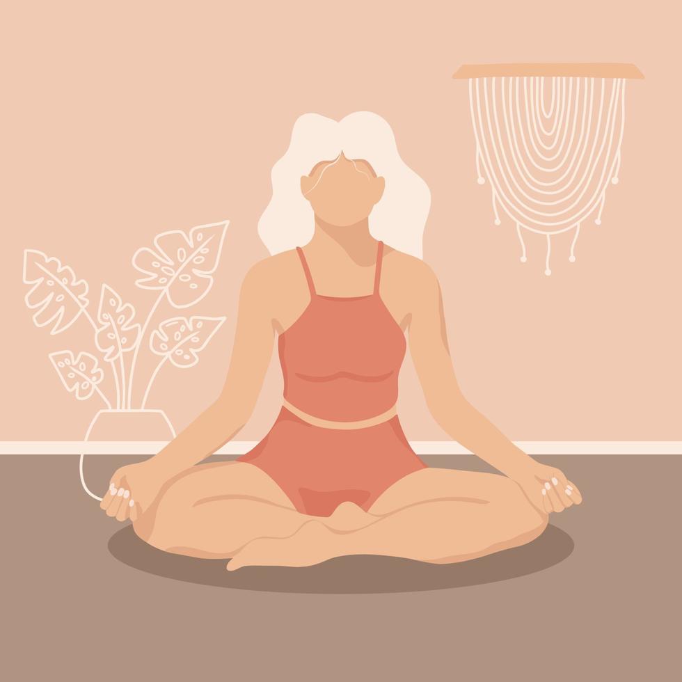 Poster with a girl in a lotus position in boho style. Vector illustration. Flat style. Woman doing yoga and meditation.