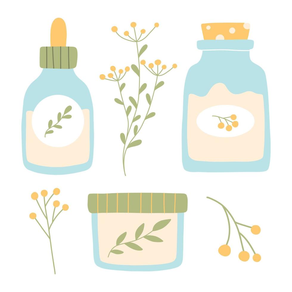 Set of natural cosmetics. Collection of organic cosmetics for skin care. Herbal cosmetics. Vector illustration. Flat style.