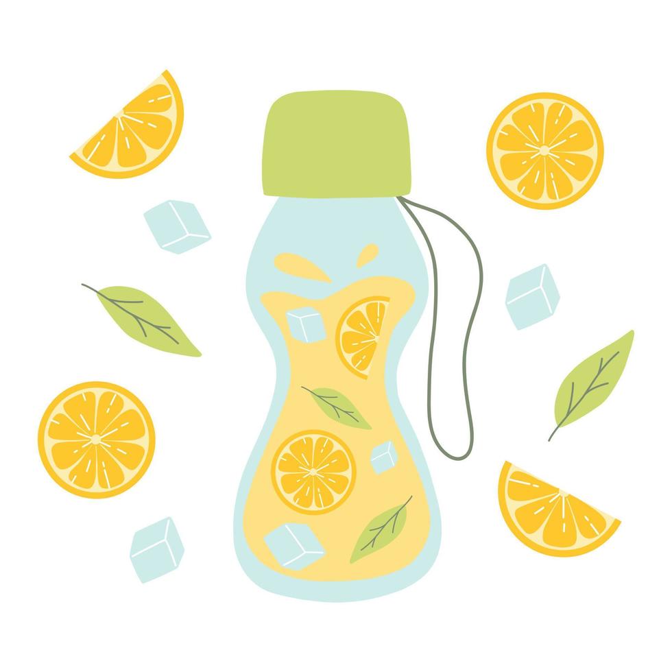 Bottle with lemonade. Cool lemonade with pieces of lemon, mint and ice. Vector illustration isolated on white background. Flat style.