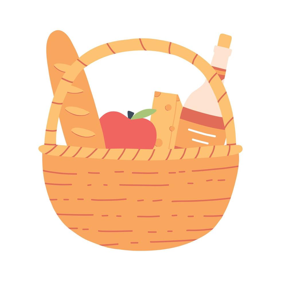 Picnic basket. Summer picnic. Basket with baguette, fruits. wine and cheese. Vector illustration. Flat hand drawn style.