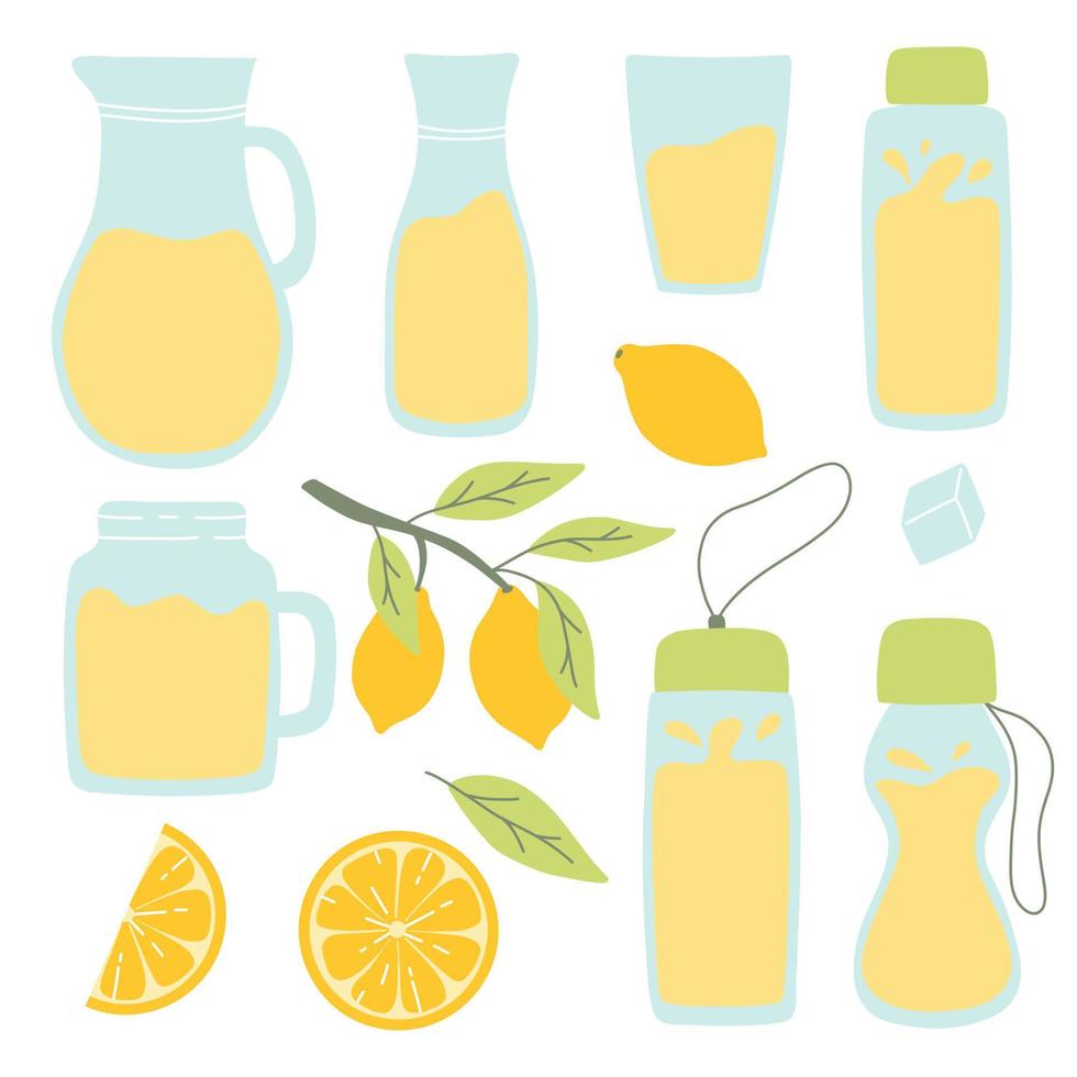 juego de limonada. colección de jarras, vasos y botellas de limonada. limonada con limón, menta y hielo. ilustración vectorial estilo plano dibujado a mano. vector