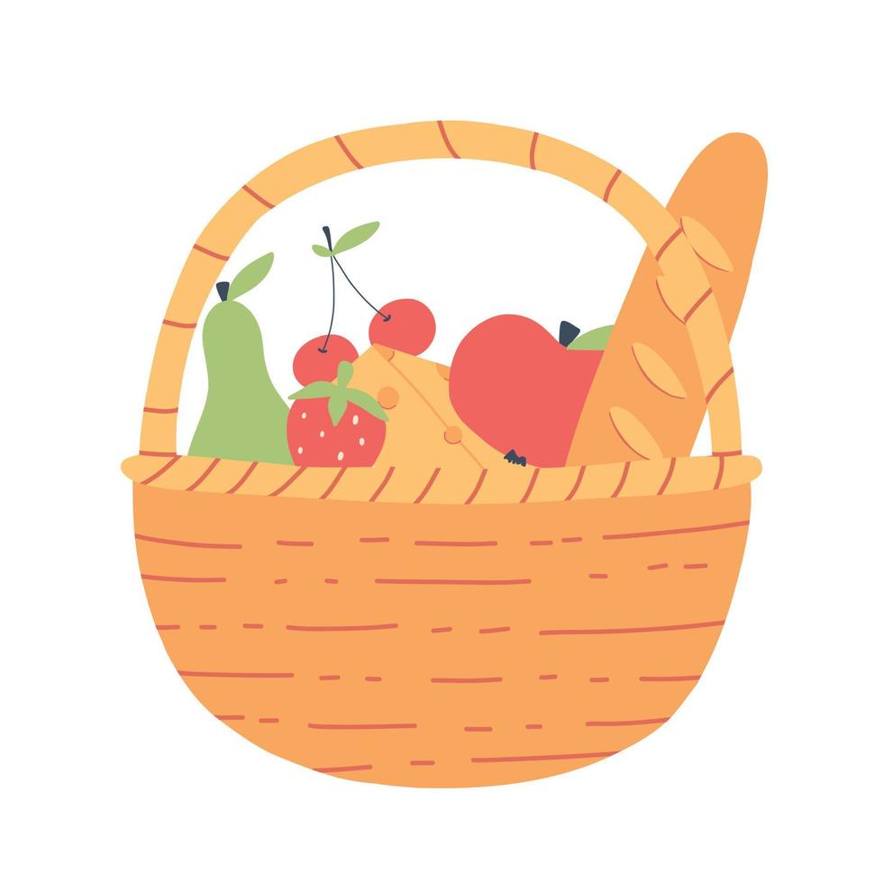 Picnic basket. Summer picnic. Basket with baguette, fruits and cheese. Vector illustration. Flat hand drawn style.