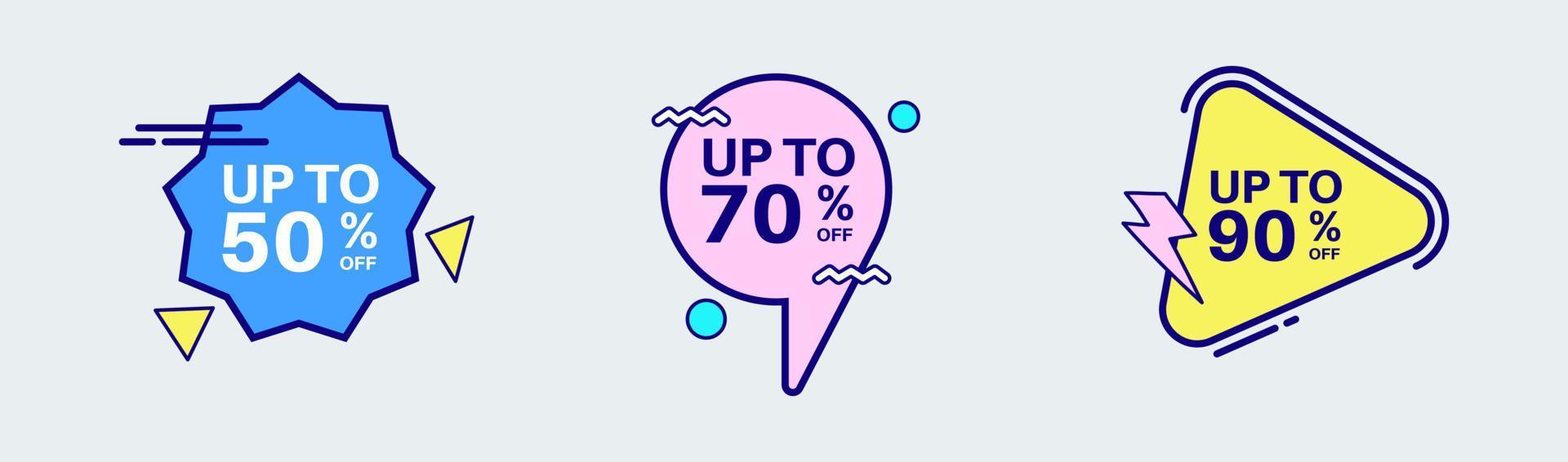 Discount label sticker in retro design style. Sticker with 50, 70, 90, percent off special price. vector
