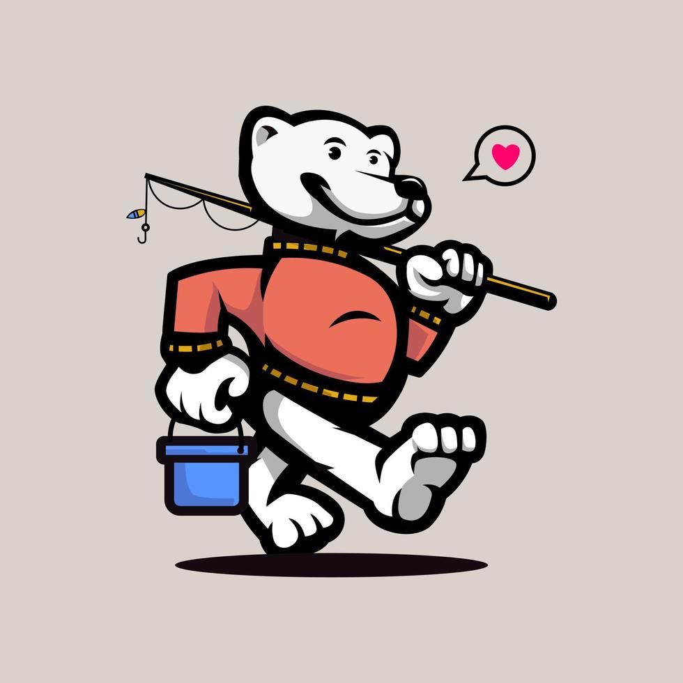 Illustration of a cute bear carrying a fishing rod and a bucket. Happy Father Day greeting card with fishing time. Graphic cartoon t-shirt for kids vector