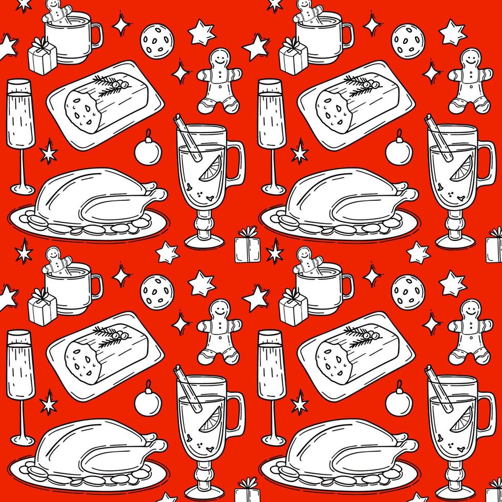 Seamless pattern with Traditional Christmas  food and drink illustration in doodle style vector
