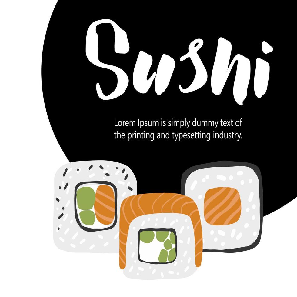 plantilla de diseño con ilustración de conjunto de sushi sobre fondo de marco negro vector