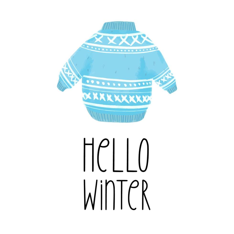 hola texto de invierno con ilustración de suéter azul aislado sobre fondo blanco vector