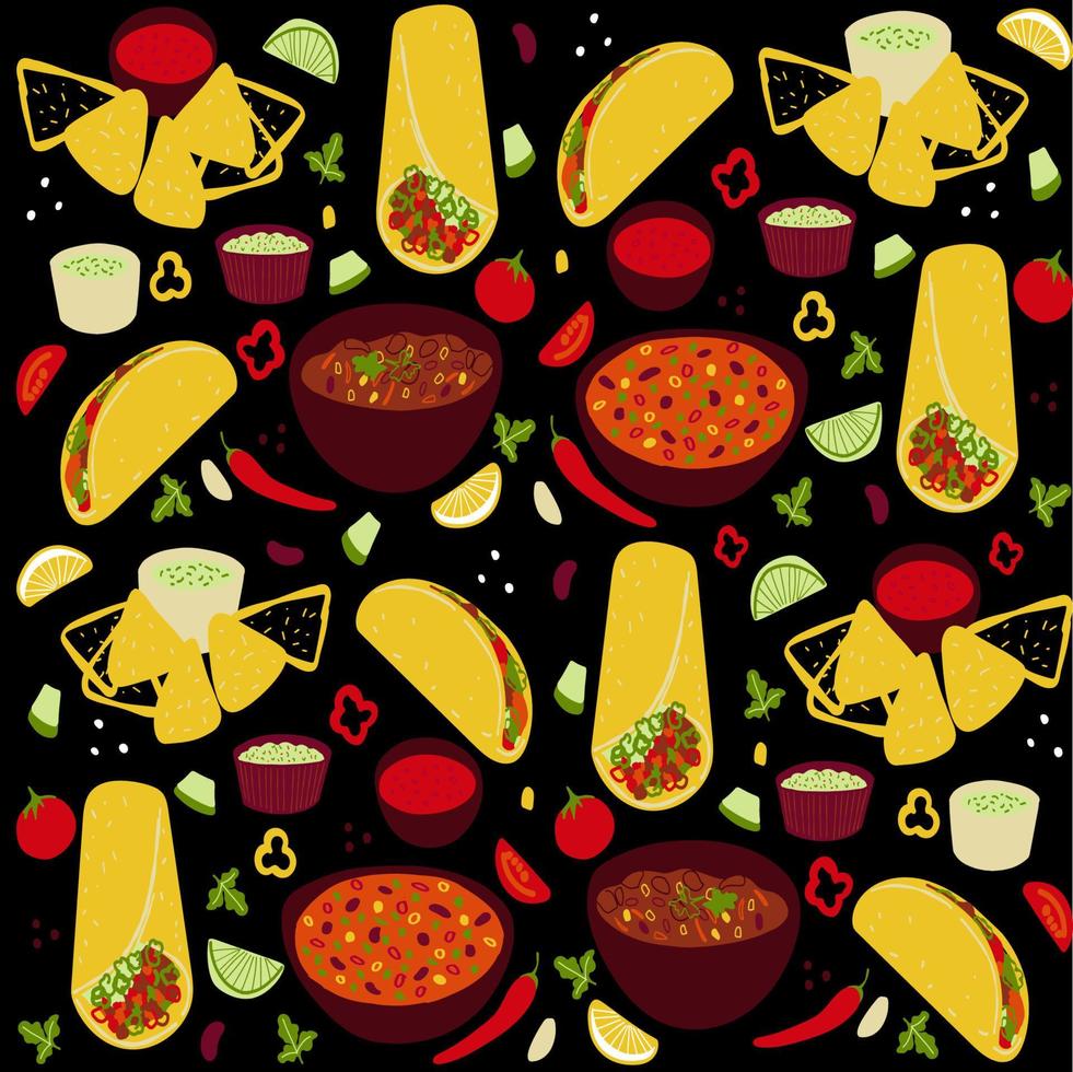 patrón impecable con tacos de comida mexicana, burrito, chili con carne, guacamole, ilustración de salsa roja sobre fondo negro vector
