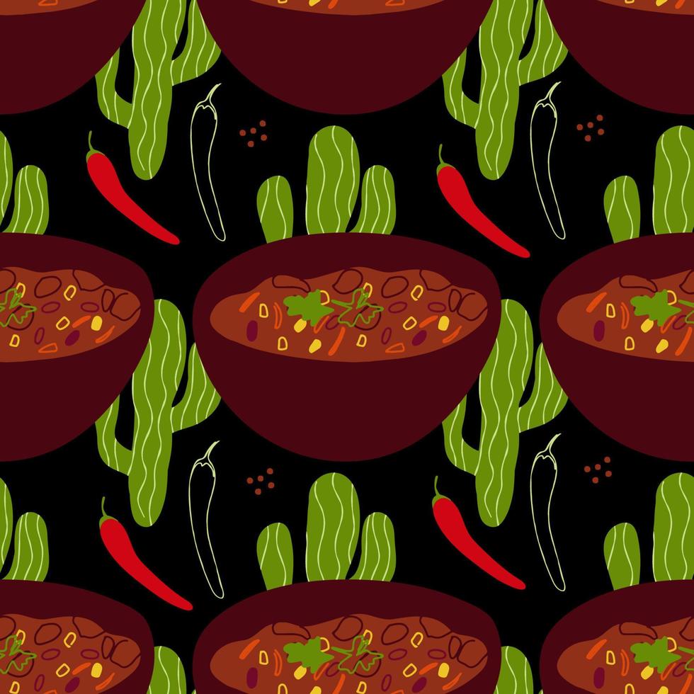 Seamless pattern with illustration of Mexican cuisine Chili Con Carne on a black background with cactus and chili vector