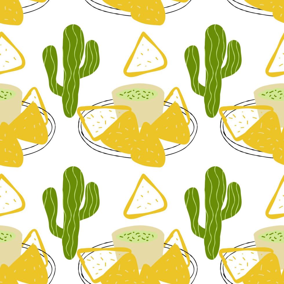 Seamless pattern with Mexican food nachos and cactus illustration on white background vector