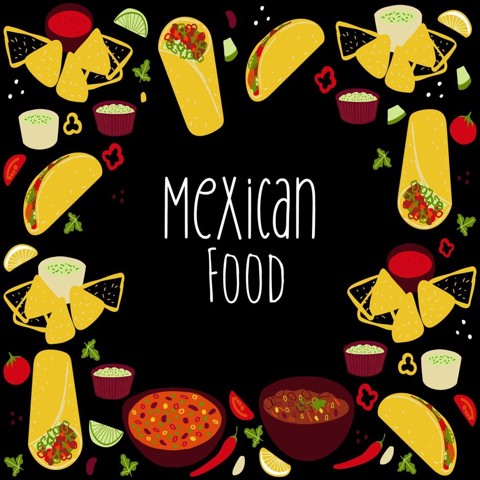 fondo de marco con ilustración de tacos de comida mexicana, burrito, chili con carne, guacamole, ilustración de salsa roja sobre fondo negro vector