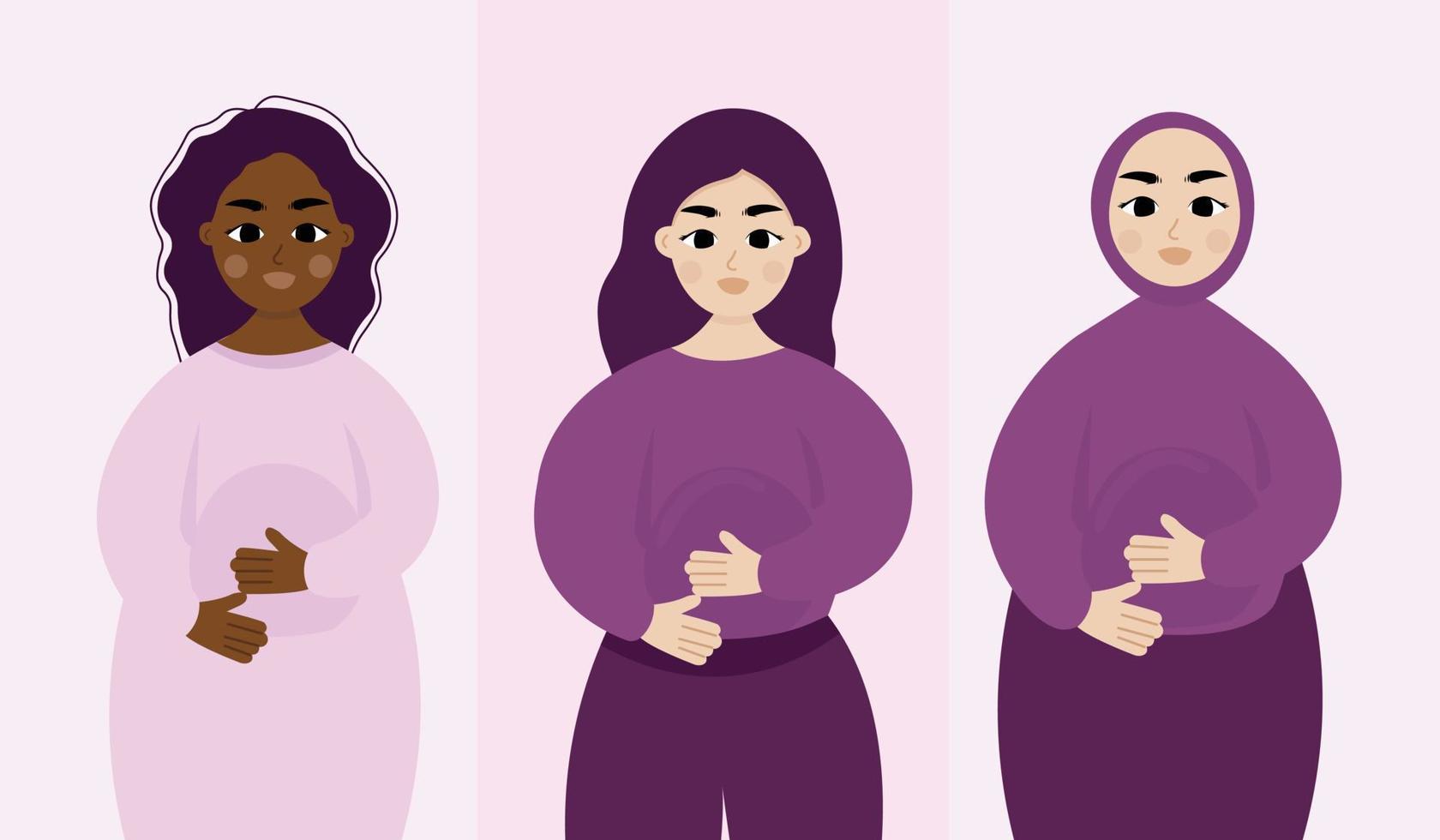 Set of diverse pregnant women waiting for childbirth. African, american and muslim mother expecting baby. vector