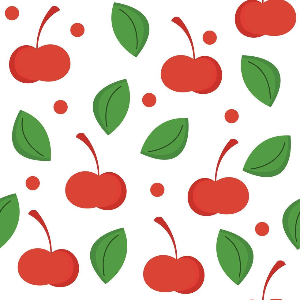 Red cherries seamless pattern in cartoon style with green leaves. Perfect for textile and typography. vector