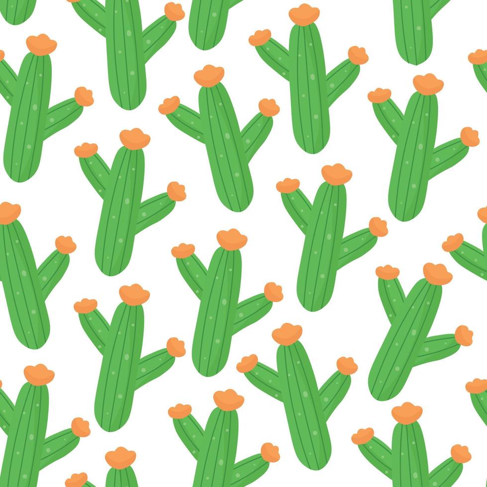 Cute seamless pattern with cacti in cartoon style for print. Green cactus with bright flowers. vector