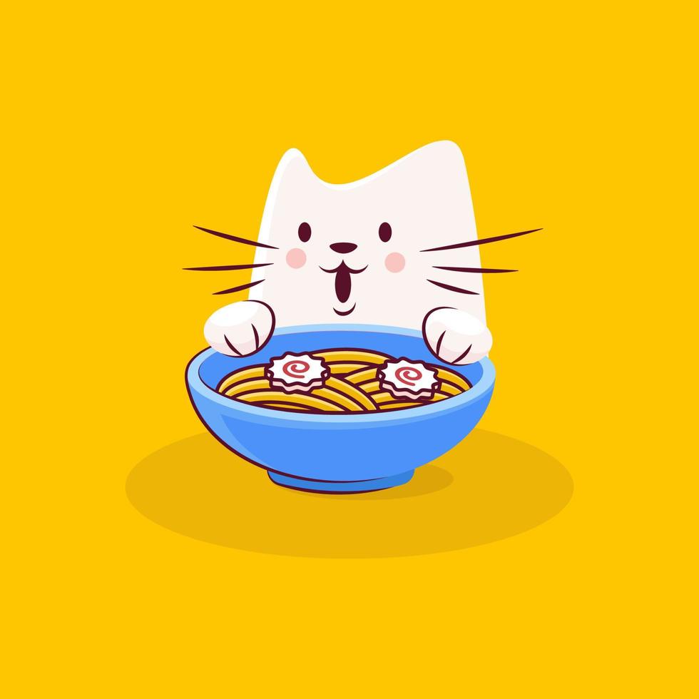 Cute cat character enjoys tasty ramen vector