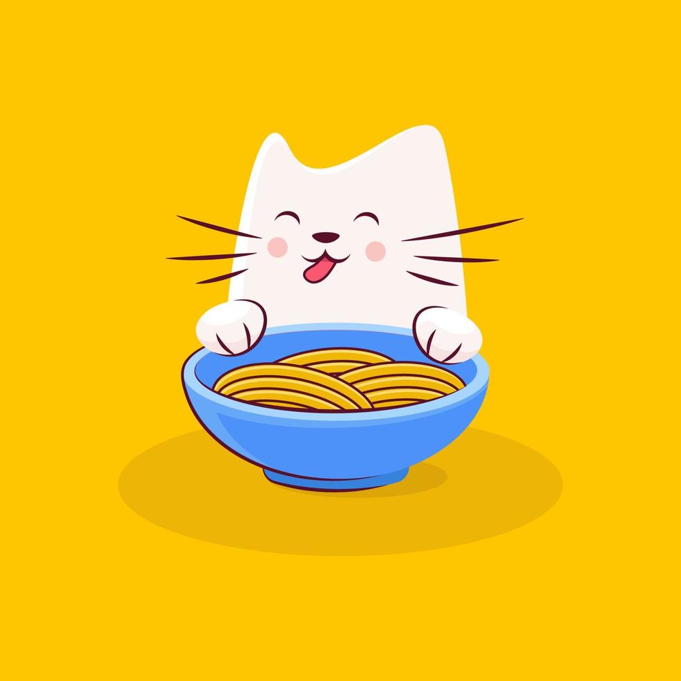 Cute cat character enjoys tasty ramen vector