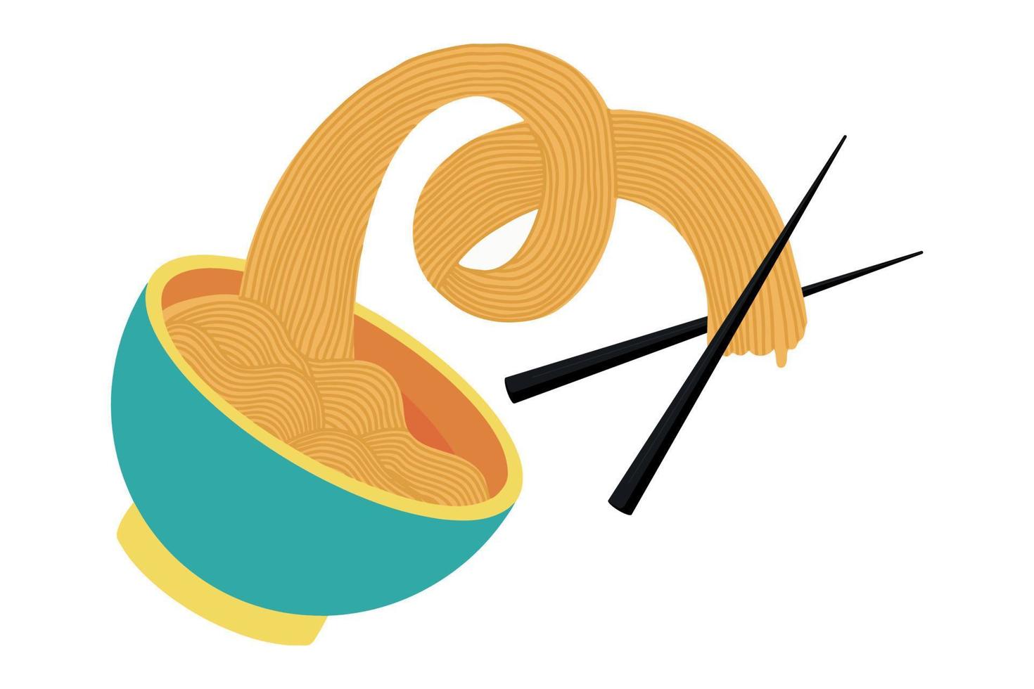 comida con fideos orientales. fideos asiáticos aislados en un fondo blanco, imagen de un restaurante de ramen chino tradicional con pasta y palillos, ilustración vectorial. vector