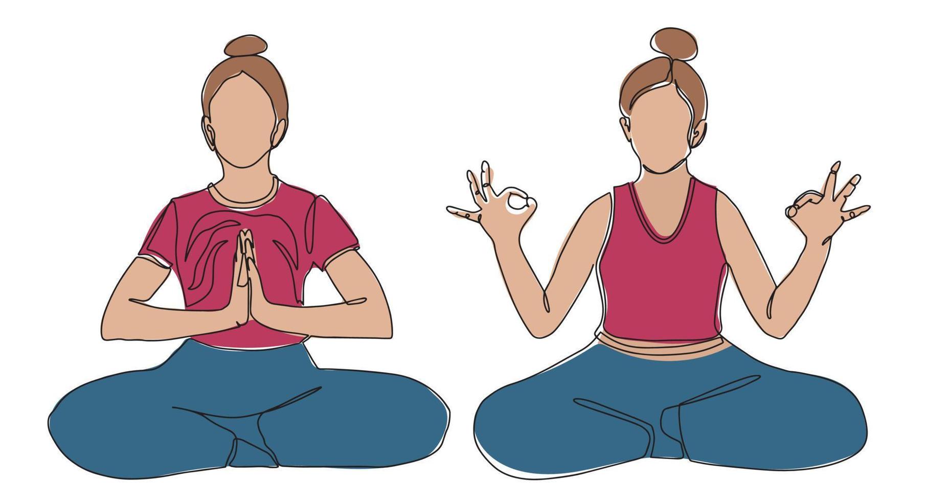 Girl in yoga lotus pose. Vector hand drawn illustration. Young and happy woman meditates and practicing yoga. Continuous drawing in one line.