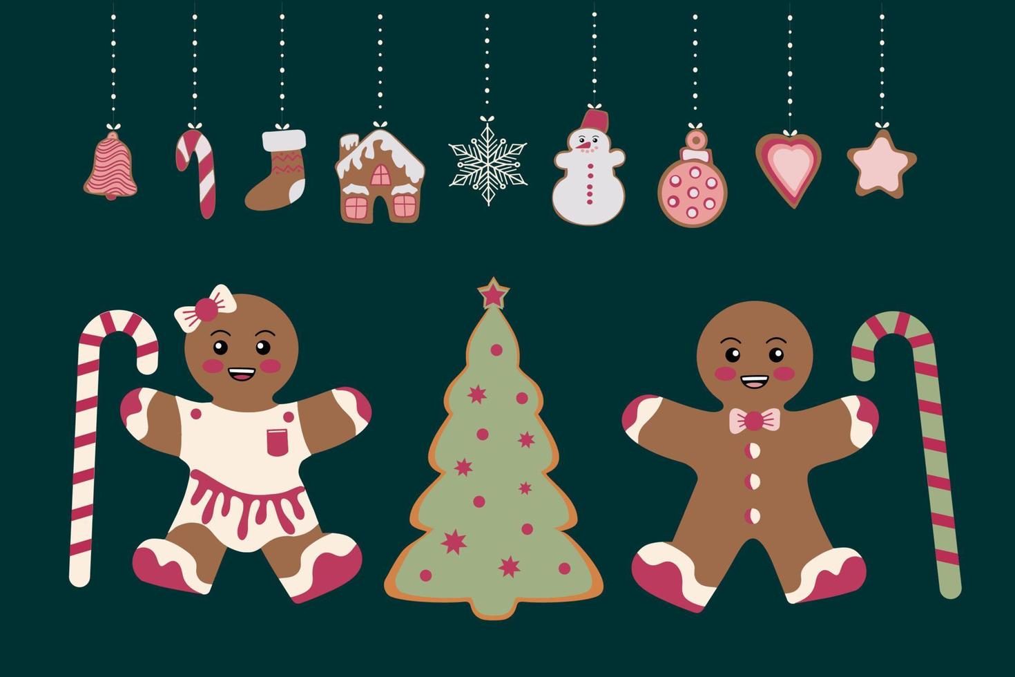 A Merry Christmas card. Gingerbread cookies in the form of a snowman, a Christmas tree and gingerbread men and various Christmas tree toys. Celebrating New Year and Christmas vector