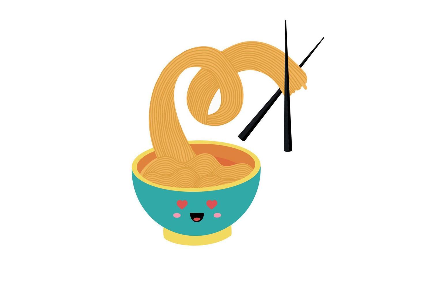 un plato estilo kawaii con fideos orientales. fideos asiáticos aislados en un fondo blanco, imagen de un restaurante de ramen chino tradicional con pasta y palillos, ilustración vectorial. vector