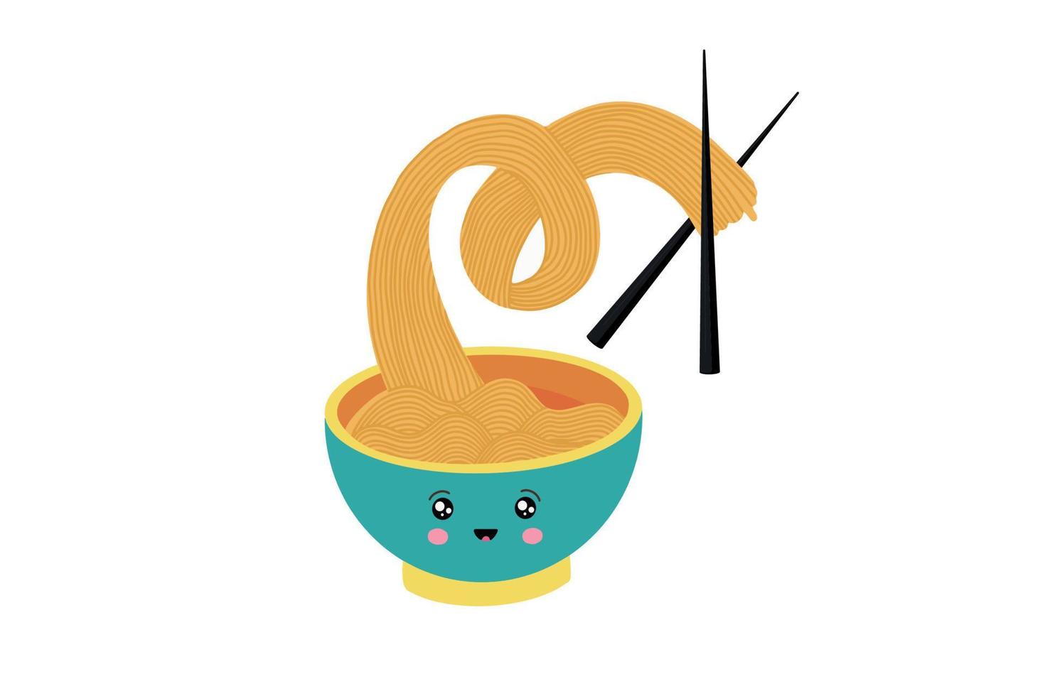 A kawaii-style dish with oriental noodles. Asian noodles isolated on a white background, image of a traditional Chinese ramen restaurant with pasta and chopsticks, vector illustration.