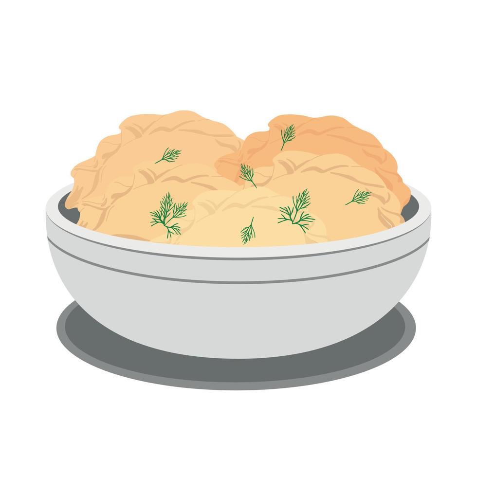 The icon of dumplings in a bowl, highlighted on a white background. Vector illustration in a flat style.