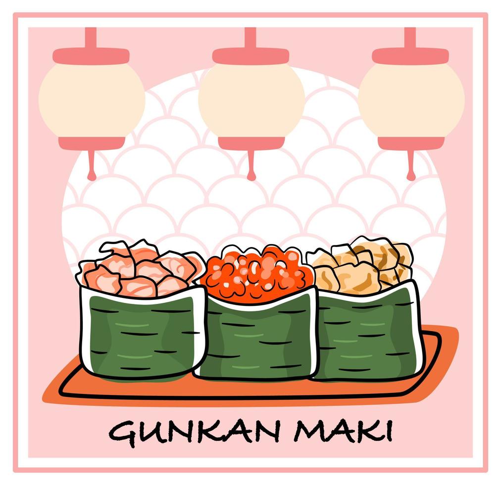 juego de sushi gunkan, rollos maki con camarones, huevas de salmón y anguila. ilustración de vector de menú japonés.
