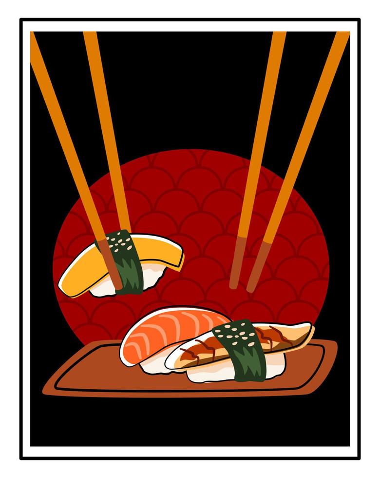 delicioso juego de sushi con palillos. rollos de nigiri de anguila, salmón y tortilla en un estilo colorido. vector