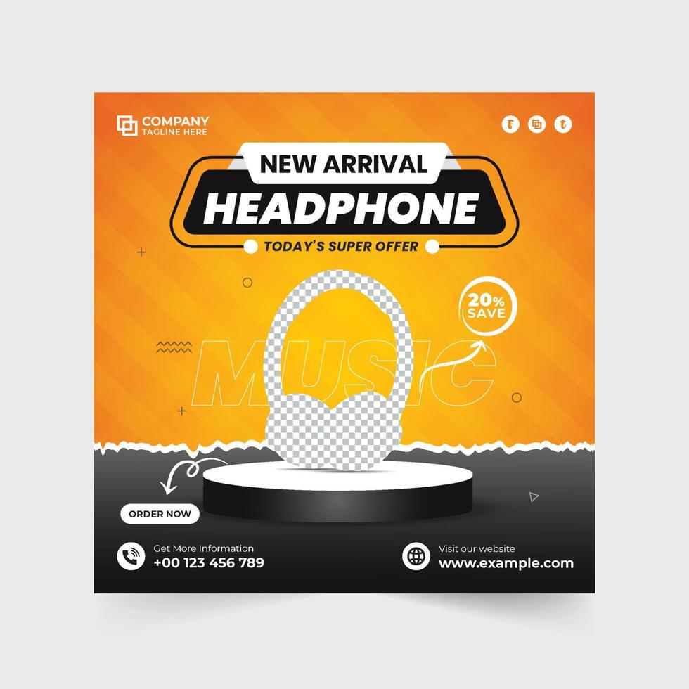 Modern headphone business promotional web banner vector with orange and blue colors. Wireless headphone template design for social media marketing. Headphone sale poster design with abstract shapes.