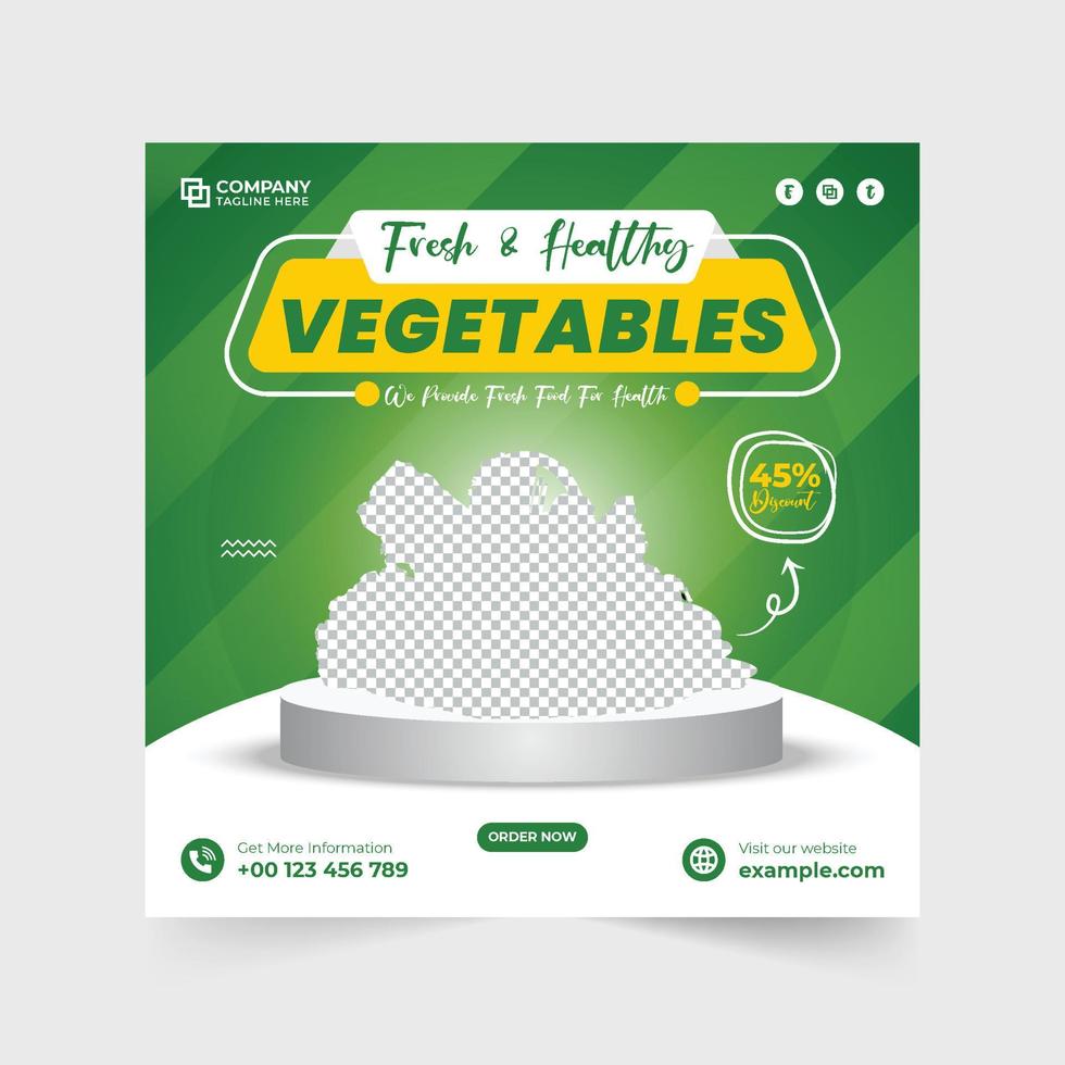 Healthy vegetable template design for social media marketing. Vegetarian food promotional web banner vector with photo placeholders. Fresh vegetable advertisement poster with green and yellow colors.
