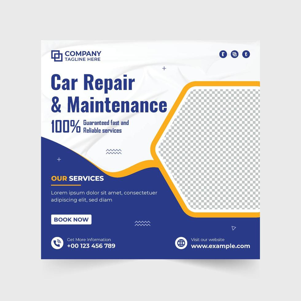 Car repair service social media post vector with blue and dark colors. Modern vehicle maintenance service template for digital marketing. Automobile repair business promotional web banner vector.