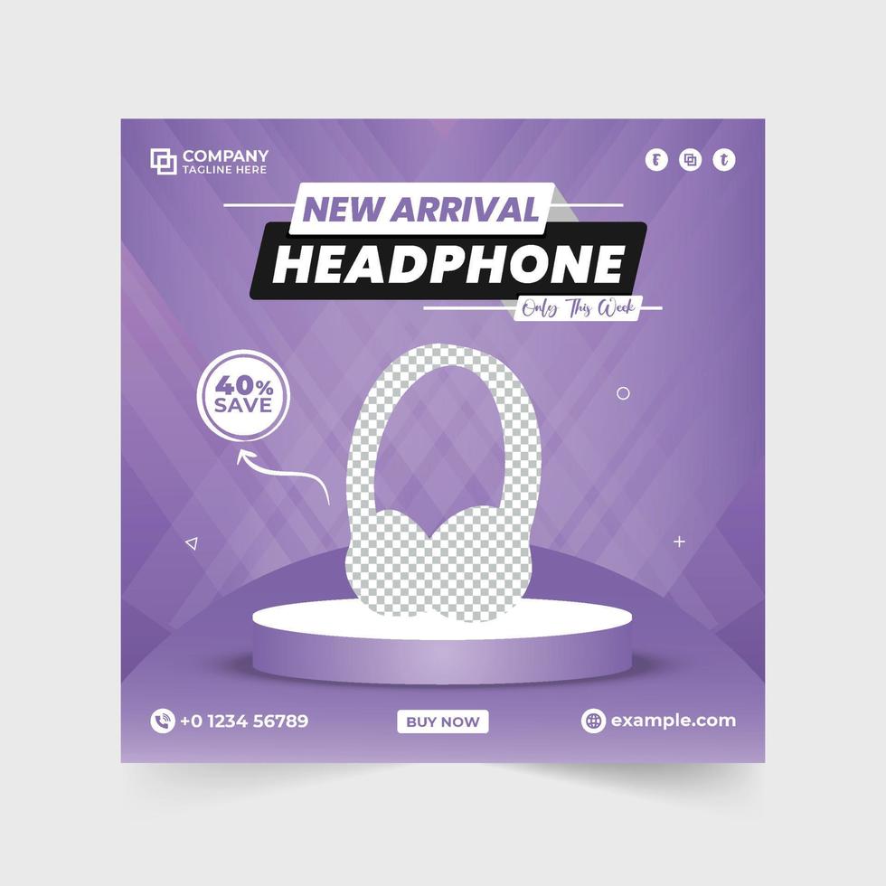 Modern headphone social media post design with purple and green background. Wireless headphone brand promotion template vector. Headphone sale web banner design for digital marketing. vector