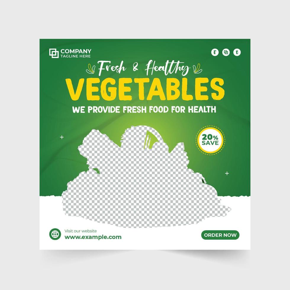 Vegetable discount template design with green and yellow colors. Modern vegetable business promotional template vector with abstract shapes. Organic and healthy food advertisement poster vector.