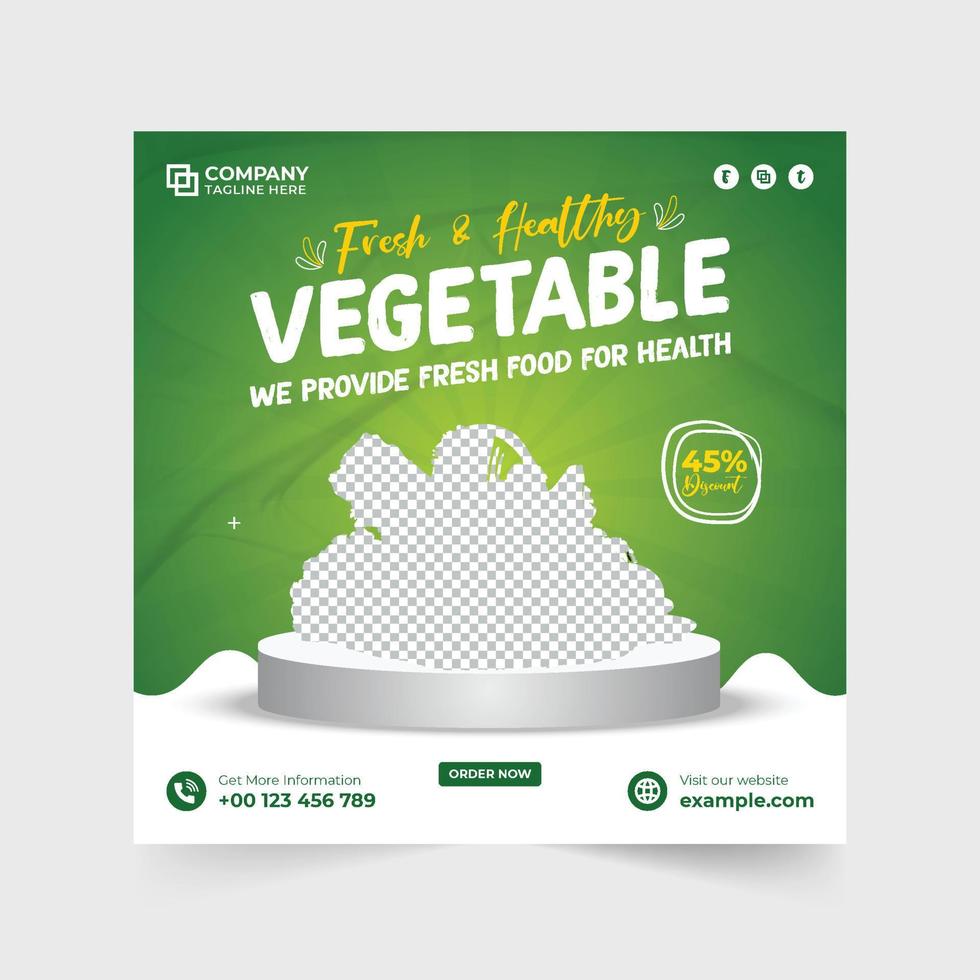 Fresh and healthy food menu and vegetable sale social media post vector with green and yellow colors. Organic vegetable promotional web banner design. Healthy food business template for marketing.