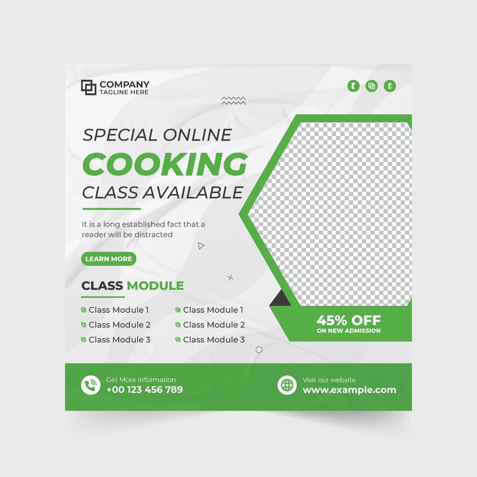 diseño especial de afiches promocionales del curso de cocina en línea con formas creativas. vector de plantilla de promoción de redes sociales del centro de formación culinaria. diseño de banner web de clase de cocina en línea para marketing.