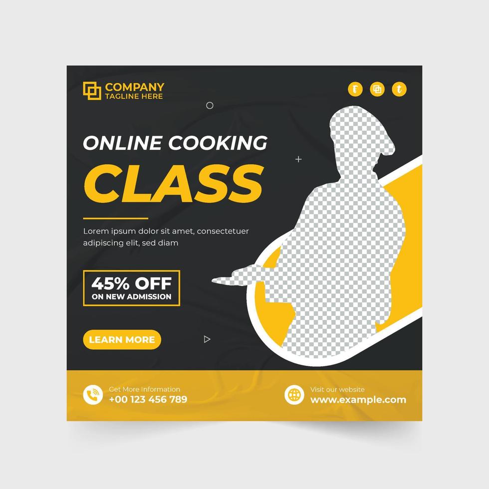 diseño de banner web promocional de clase de cocina especial con colores amarillo y azul. diseño de carteles de lecciones de cocina en línea para marketing digital. vector de publicación de redes sociales de clase culinaria para entrenamiento de cocina