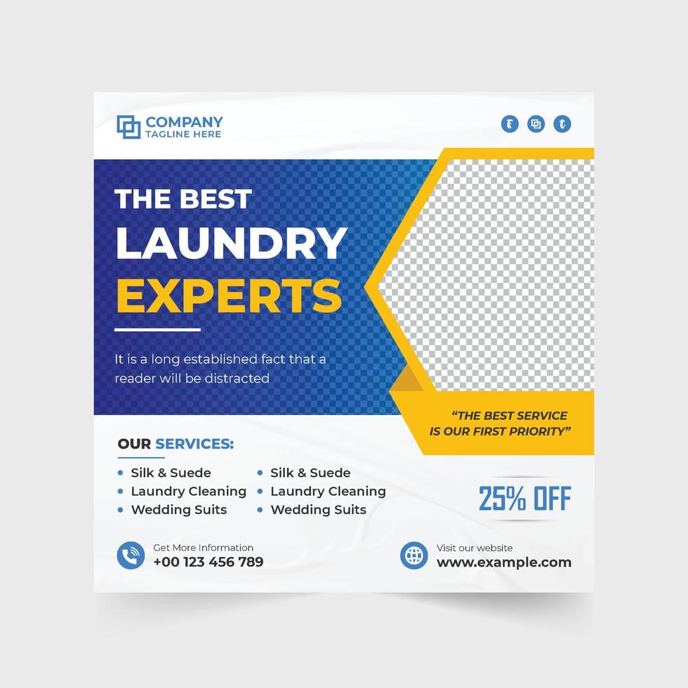 Best cloth washing service advertisement template vector with discount offer. Laundry business social media post template for marketing. Laundry and dry cleaning service promotional poster design.
