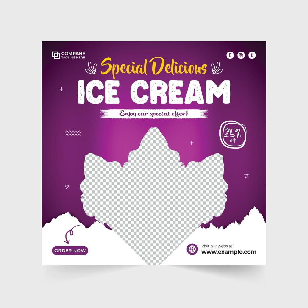 Plantilla de oferta especial de helados con formas abstractas. dulce y delicioso diseño de afiches promocionales de helados para marketing. sabroso postre vector de banner web de redes sociales con colores púrpura y granate