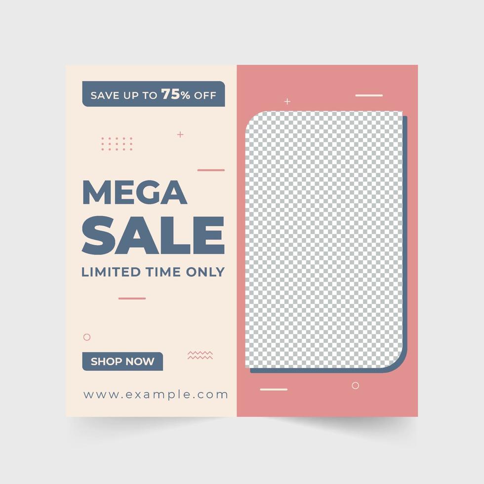 Modern fashion sale discount template design with geometric shapes. Girly fashion and store promotional web banner design with blue and pink colors. Mega sale social media post vector for business.
