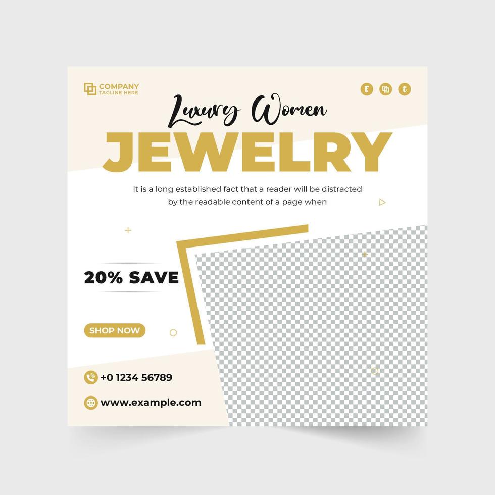 Modern jewelry business social media post vector with abstract shapes. Ornaments promotional web banner design with geometric shapes. Special jewelry sale poster vector with photo placeholders.