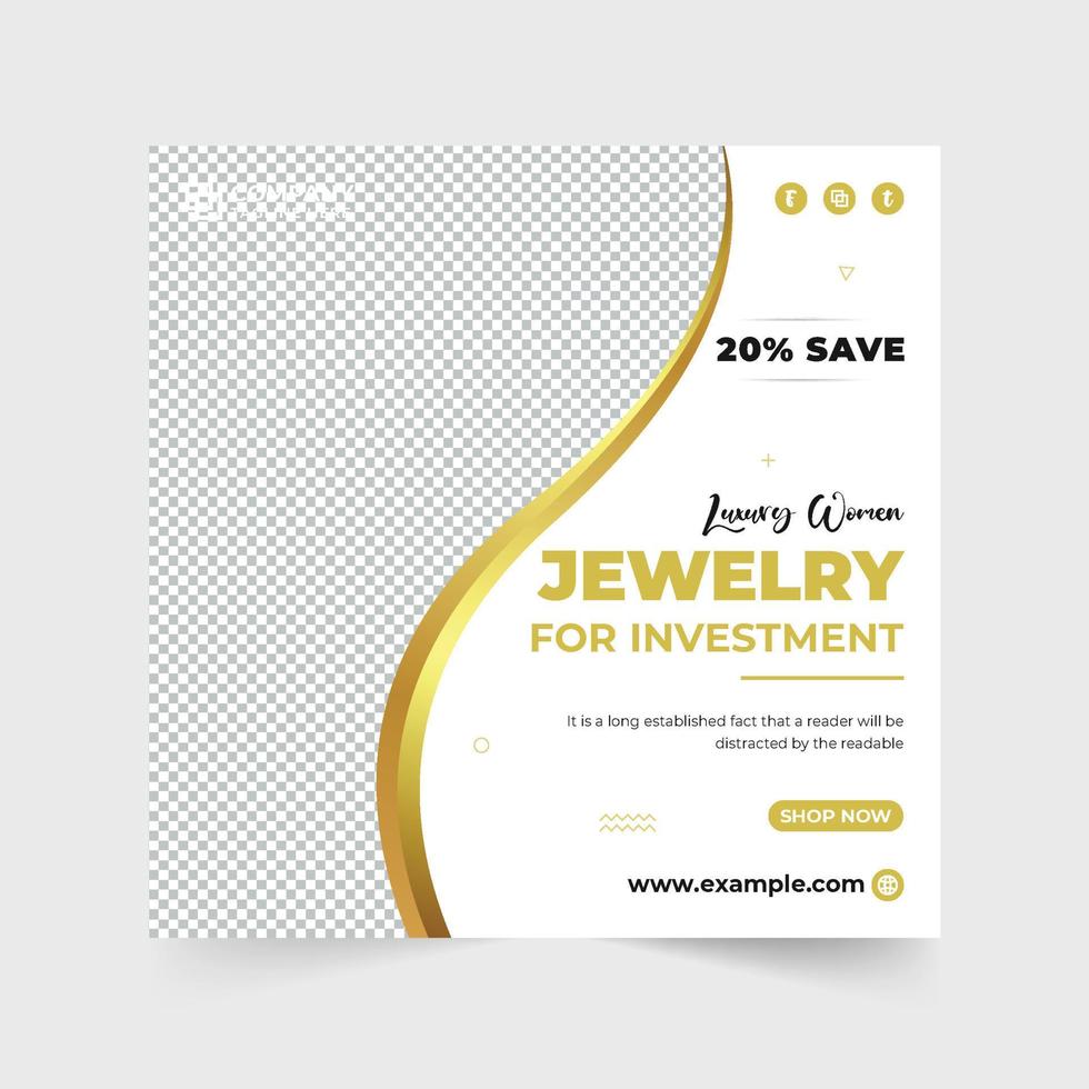 Luxury Jewelry promotional web banner vector with photo placeholders. Special jewelry sale advertisement poster design with dark and golden colors. Jewelry social media post vector for marketing.