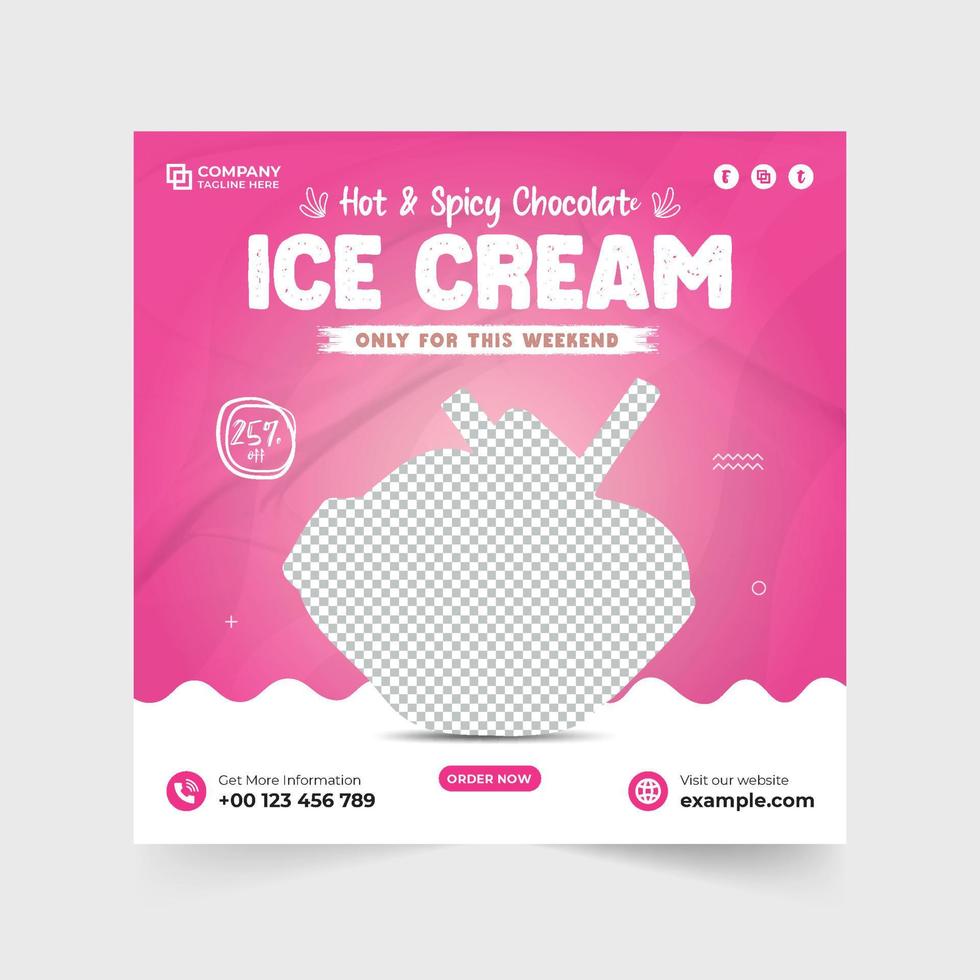 diseño de plantilla de descuento de helado con formas abstractas. vector de publicación de redes sociales de venta especial de helados con colores rosa y chocolate. vector de publicación promocional de postre con marketing en redes sociales