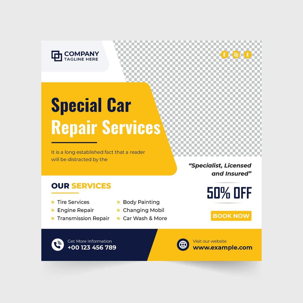 Special car repair service discount template vector with yellow and dark colors. Automobile maintenance service social media post design for marketing. Vehicle management and cleaning service template