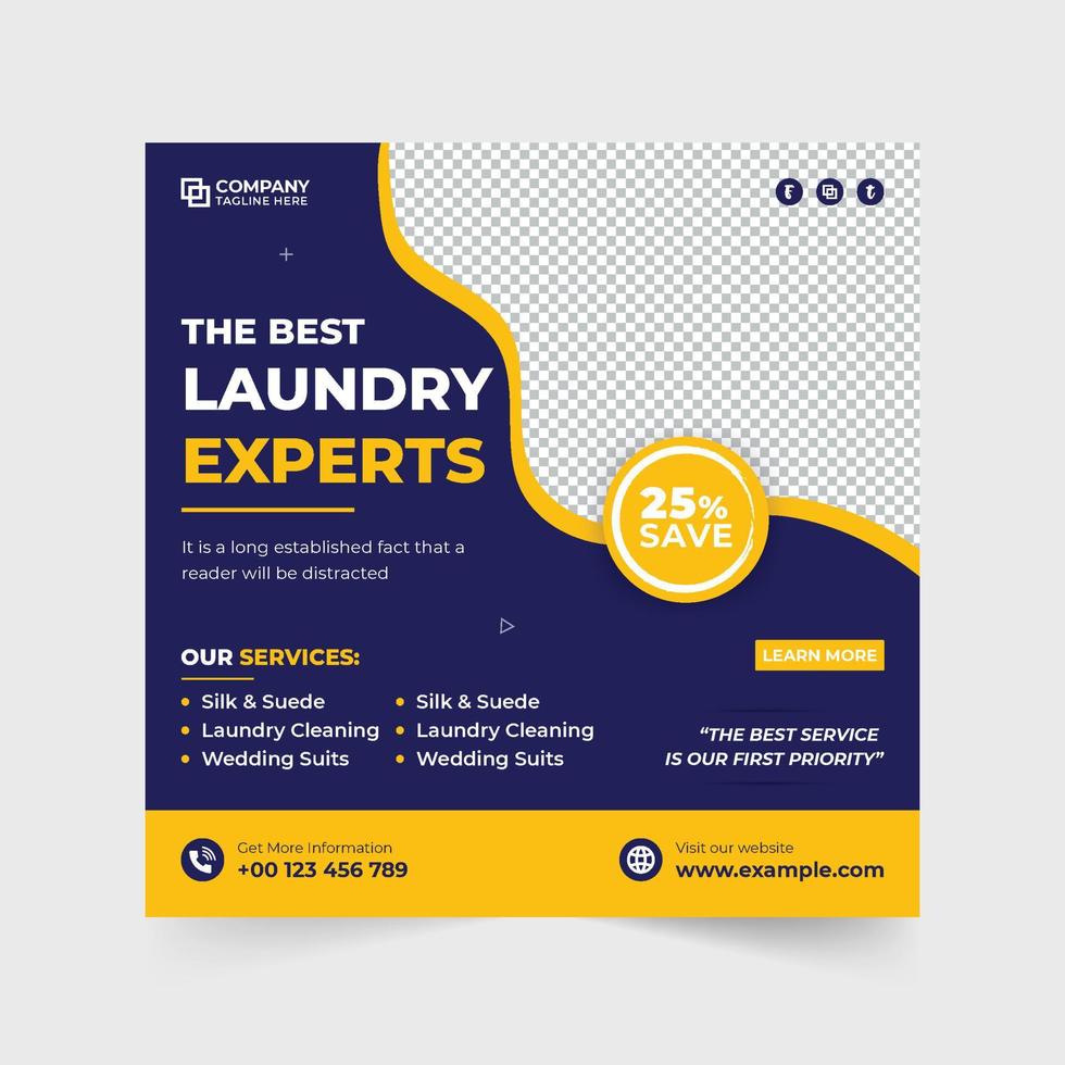 Laundry business promotional web banner design with blue and yellow colors. Cloth cleaning service social media post vector for digital marketing. Laundry cleaning service poster design.