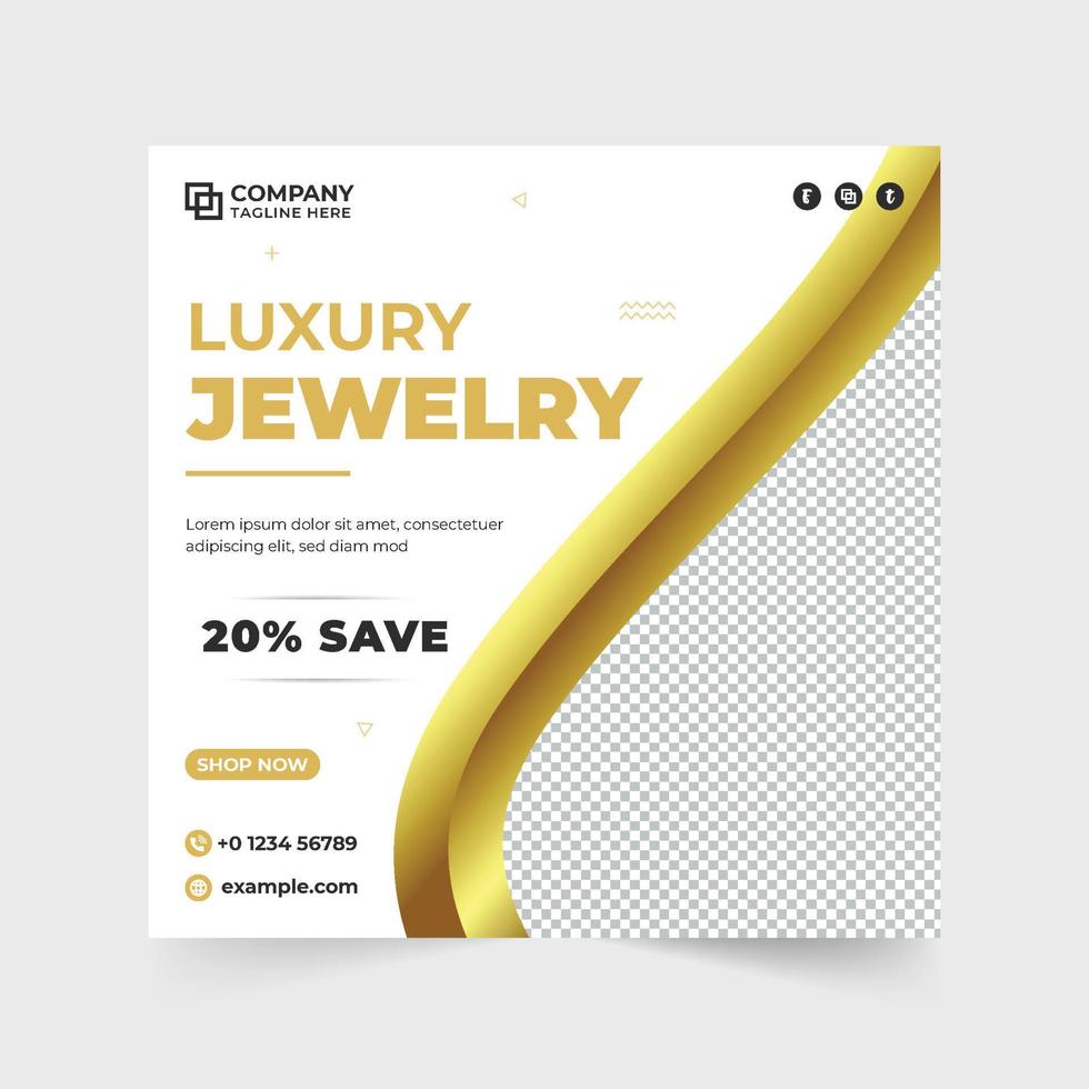 Jewelry social media post vector with golden and dark colors. Ornaments business promotional web banner design for social media marketing. Jewelry store discount poster design for online shopping.