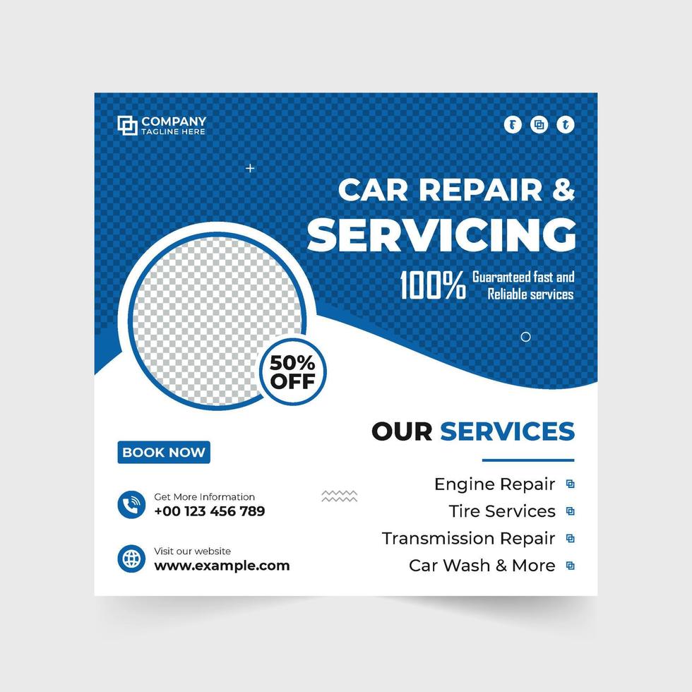 diseño de banner web promocional de negocios de reparación de automóviles para marketing digital. vector de plantilla de póster de servicio de mantenimiento de vehículos modernos. plantilla de promoción de redes sociales del servicio de reparación de automóviles.