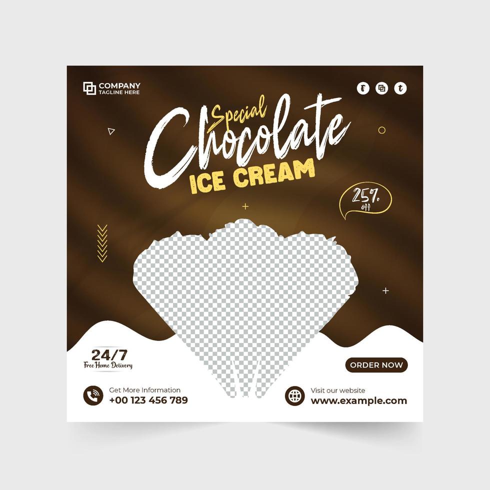 sabroso diseño de afiches promocionales de helados con formas de color oscuro y chocolate. plantilla de banner web de descuento de venta de helados para marketing en redes sociales. vector de publicación de redes sociales de postre.