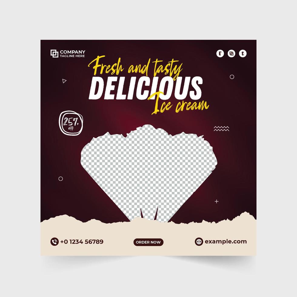 Fresh and tasty ice cream social media post vector with photo placeholders. Sweet dessert promotional web banner design with green and maroon colors. Ice cream advertisement template vector.